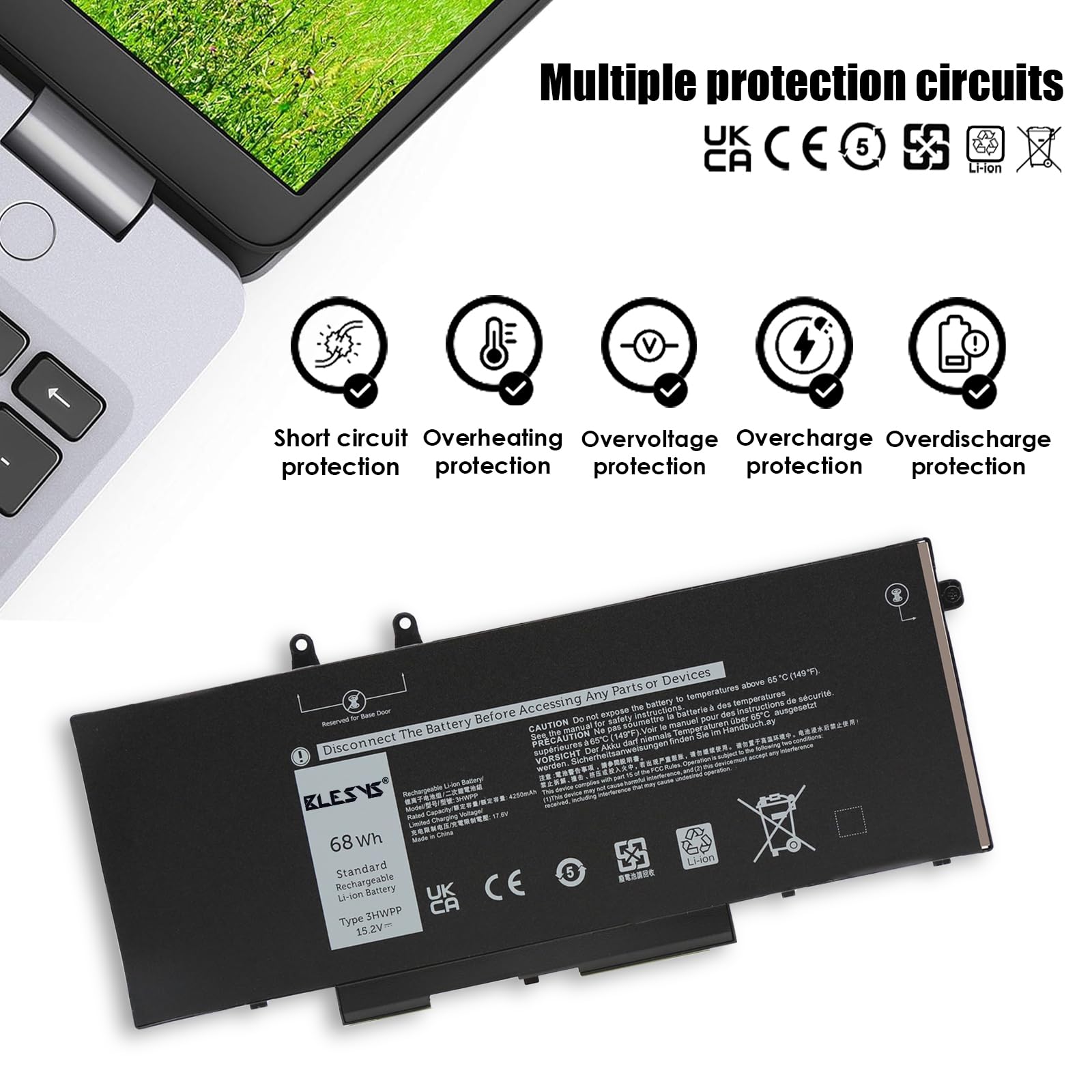 BLESYS 3HWPP Batteria per DELL Latitude 5510 5410 5511 Series [15.2V 68Wh]