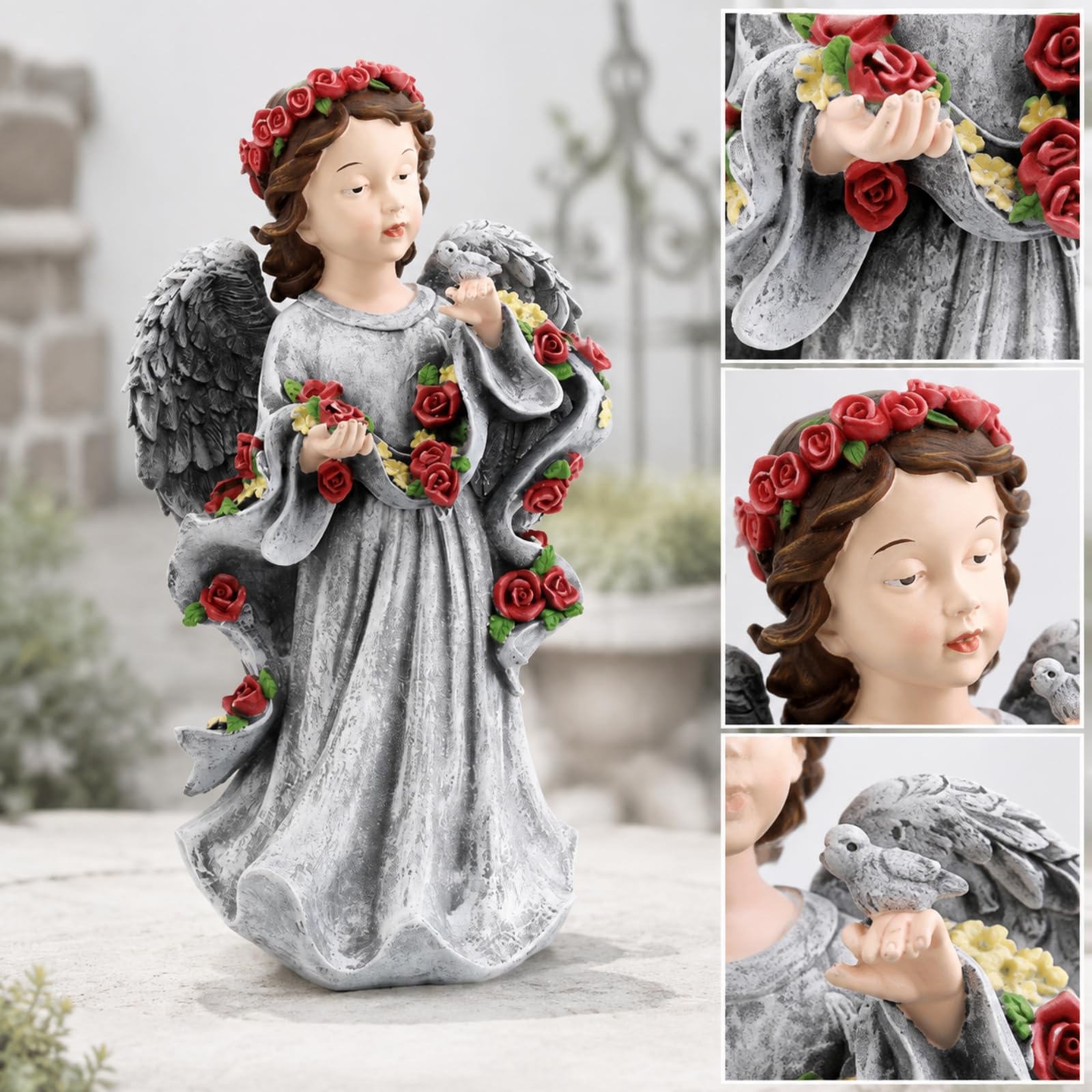Statua da Giardino Celestiale Compatto Angelo Decorativo in Resina Durevole Figurina Celestiale con Decorazioni Floreali per Aiuola, Agnello Angelo