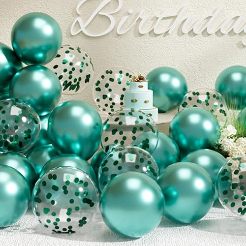 SUWEN Juego de globos y globos de confeti, color verde metálico, 47 unidades, globos de látex helio, cromo turquesa para decoraciones de fiesta de