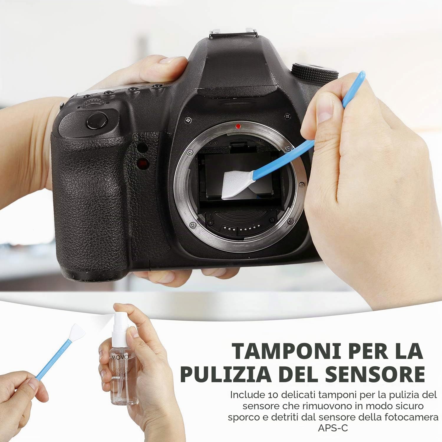 Movo Deluxe Essentials kit di pulizia fotocamere DSLR, con 10 tamponi per sensore APS-C, liquido di pulizia sensore, soffiatore a forma di razzo, penna di pulizia obiettivo, pennello morbido