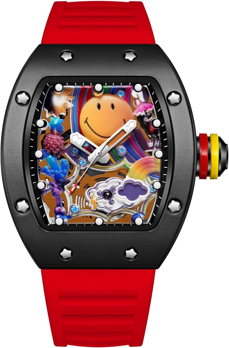 Gosasa Men’s Fashion Colorful Smiley Face Watch – Trendy Creative Big Face Tonneau Men Wristwatch with Silicone Strap, Unique Cool Luminous Design Gift Watch