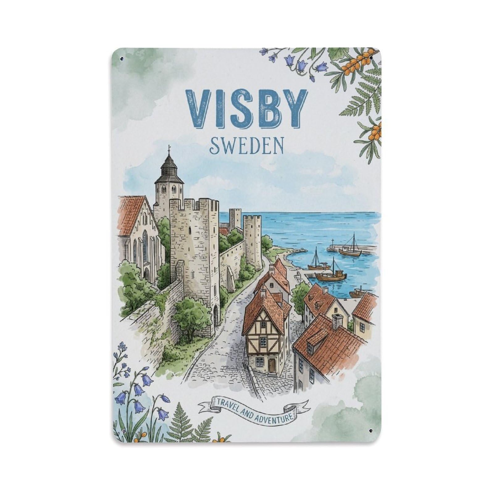 Vintage Travel Visby Sweden Illustration Metal Tin Sign Plaque Wall Decor for Cafe, Club Bar, Office, Home Garden Metal Poster 8x12Inch