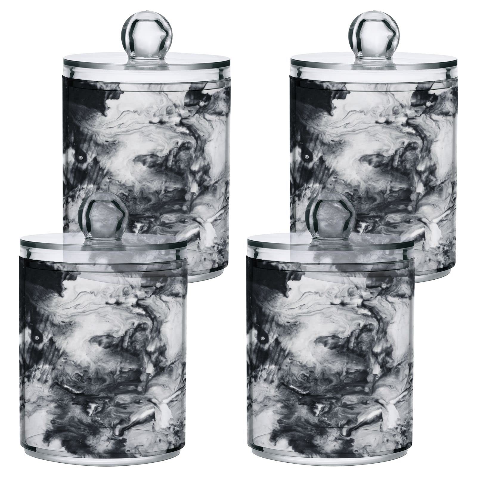 ALAZA 4 Pack Qtip Holder Dispenser Cool Black Marble Bathroom Organizer Canisters for Cotton Balls/Swabs/Pads/Floss,Plastic Apothecary Jars for Vanity