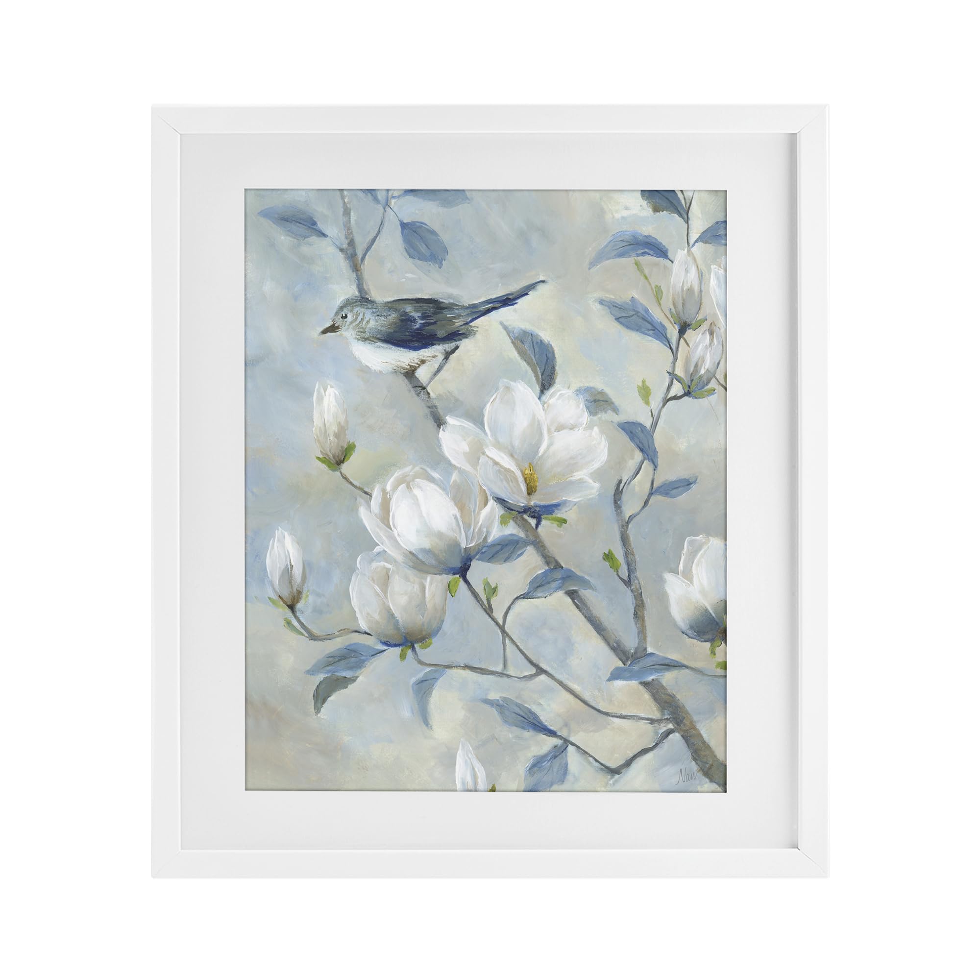 Stupell Industries 'Blue Bird in Magnolia Tree', Framed Print Under Glass, White, 17 x 21 Inches, Easy to Hang and Sturdy, Made in USA, by Nan
