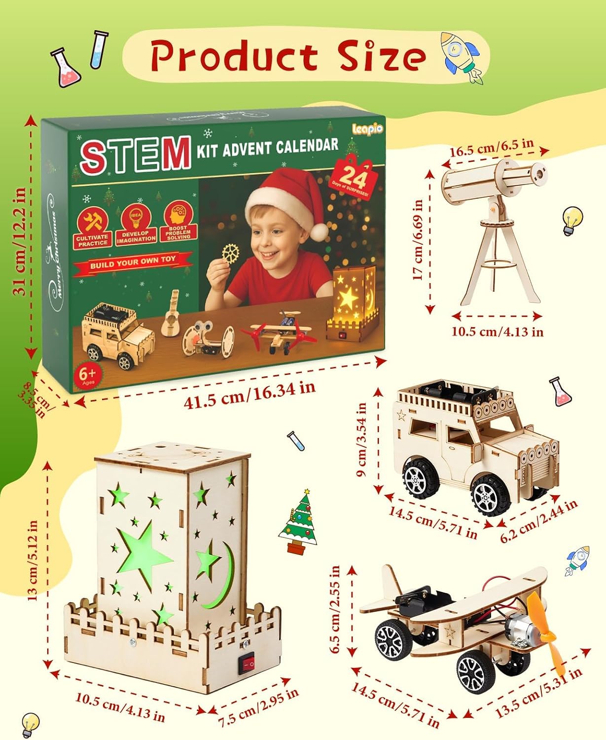 STEM Kits Advent Calendar 2025 for Kids Boys, 24 Days Christmas Countdown Craft Advent Calendar Mini Science Kit, DIY Wooden Building with Paints and Brushes, Small Xmas Toy Gift for Children Teen
