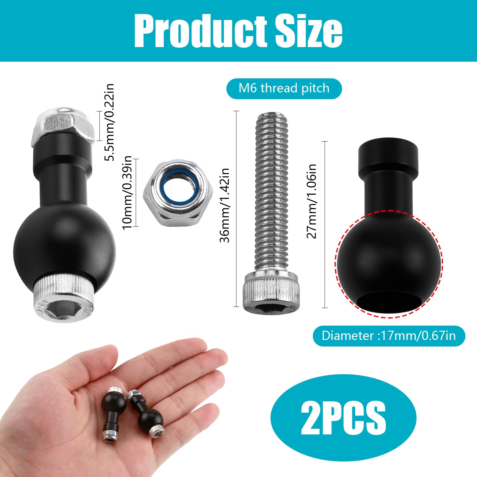 2er-Set Aluminium Kugelkopf-Adapter (17mm Kugel, M6 Gewinde) - Universal Stativkopf für Kameras & Smartphone