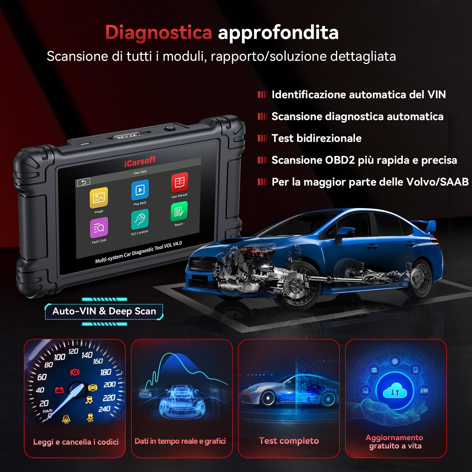 iCarsoft VOL V4.0 Scanner OBD2 Auto Diagnostica Bidirezionale per Volvo/SAAB+ 2 Marche di auto, Sistema Completo, Fino a 29 Servizi di Ripristino per Volvo/SAAB, Auto VIN, Aggiornamenti a Vita