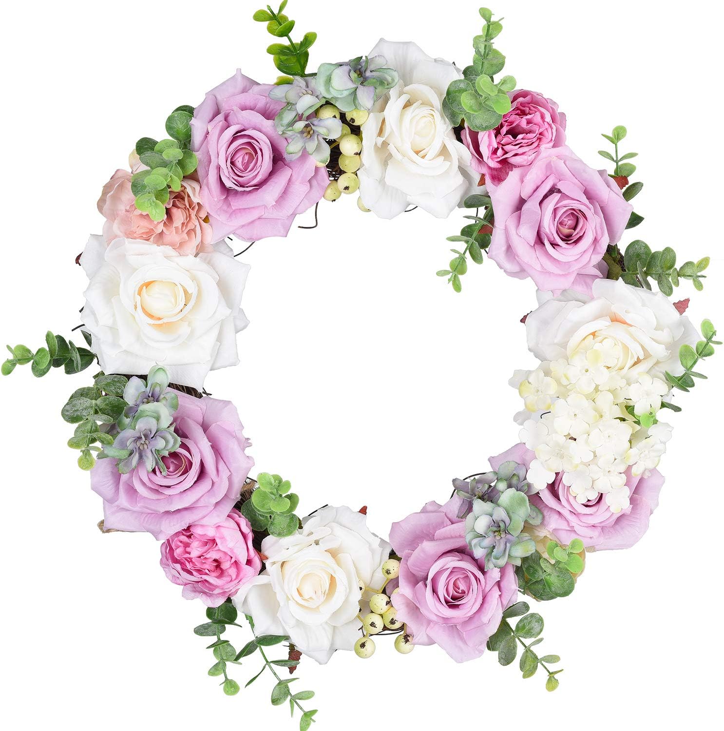 TINGOR Artificial Rose Flower Wreath, 14'' Eucalyptus Leaf Door Wreath Decor Fake Rose Outdoor Wreath for Front Door, Wall, Wedding, Home Décor (Purple & White)