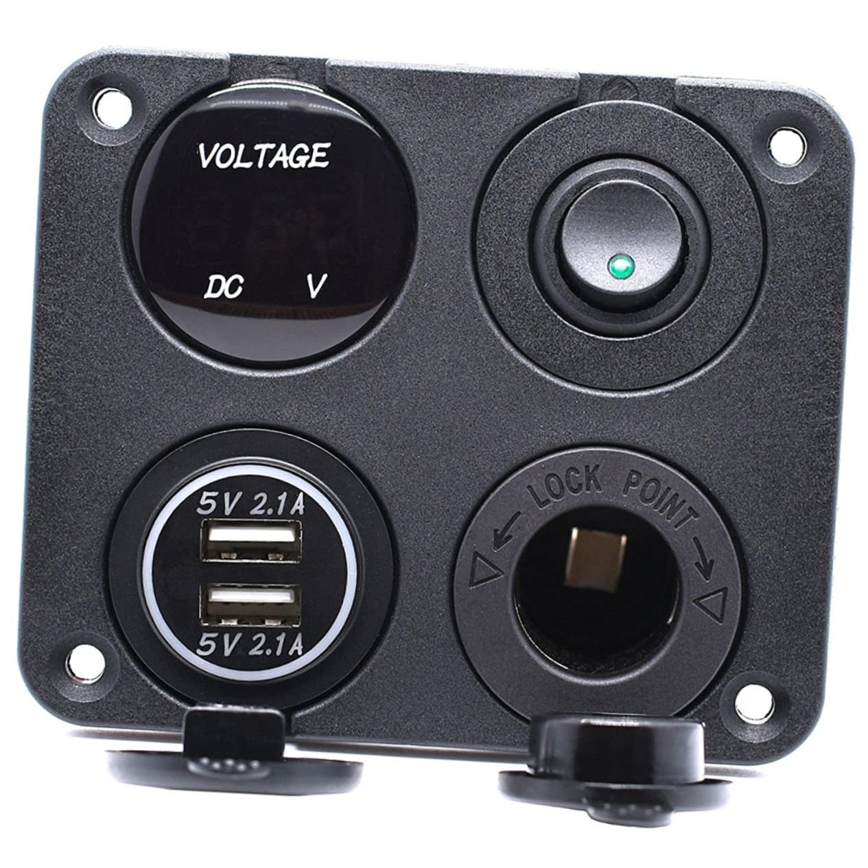 Housoutil Cargador de Coche 4 en 1 de 12- V Convertidor de 2 1 a Usb Voltímetro de Panel 4 en 1 Led Verde para Caravana Camión Autocaravana