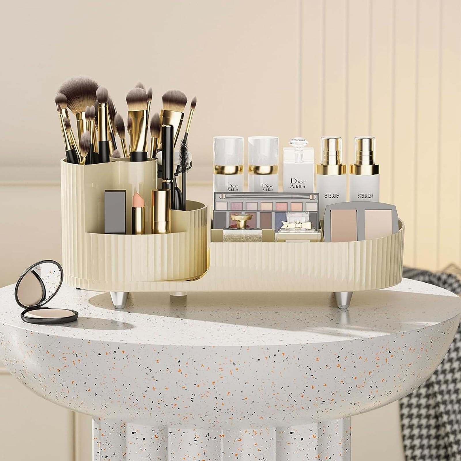 Paperbacks Makeup Organizer for Vanity, Large Capacity Skincare Organizer with Rotating Makeup Brush Holder, Desk Cosmetics Organizers Storage for Bedroom and Bathroom Countertops (White)