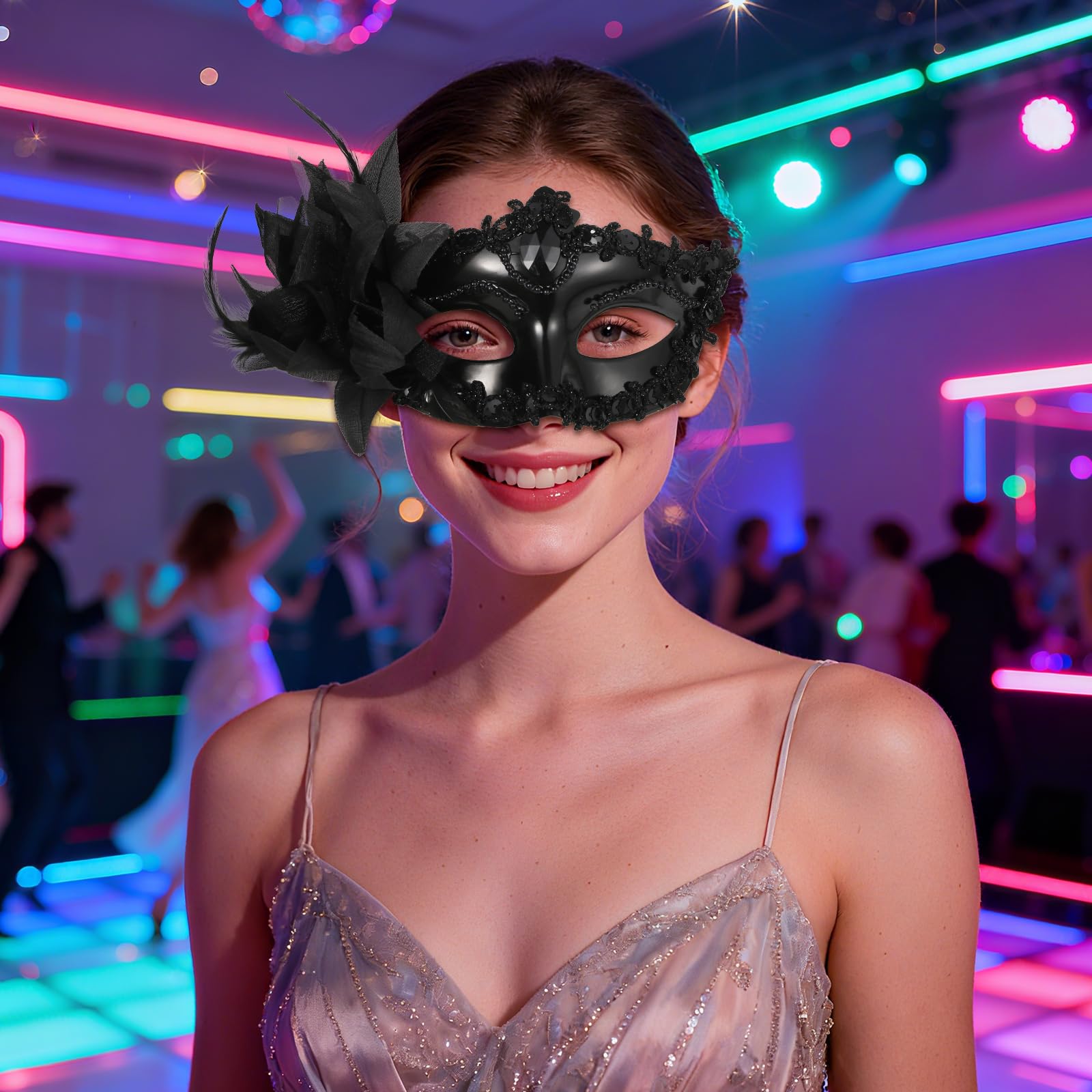 Oidea Masquerade Mask for Women: Elegant Flower Half Face Venetian Mardi Gras Masks Halloween Cosplay Prom Ball Costume Party Mask Accessory Black - Image 2