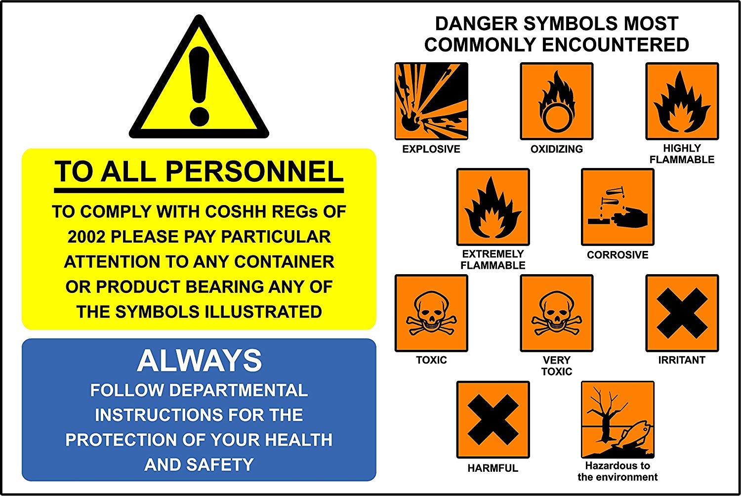 Warning safety signs - COSHH symbols - 1.2mm Rigid plastic 300mm x 200mm