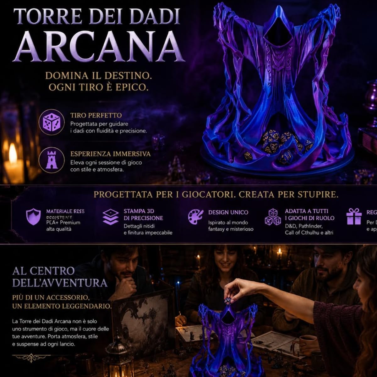 Torre dei Dadi D&D con Porta Dadi Integrato, Dice Tower per Dungeons & Dragons, Torre Lancia Dadi per Giochi di Ruolo da Tavolo RPG, Dadi D&D, Kit 7 Dadi in Omaggio