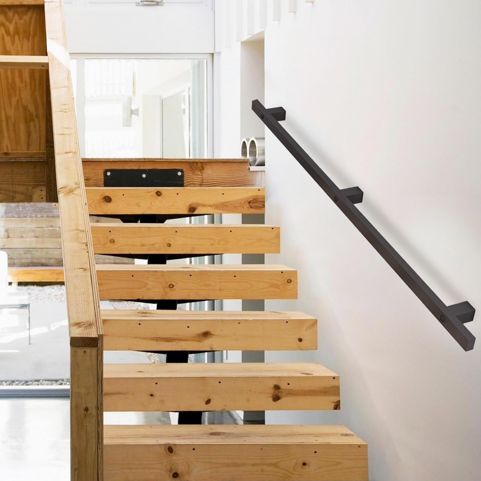 Fkxsxaz Black 4Ft~16Ft Stair Railings Indoor Handrail For Stairs, Industrial Iron Pipe Loft Steps Deck Grab Bar Banister Staircase Hand Rails Wall Mount Foot Rail Support(2.6Ft/80Cm)