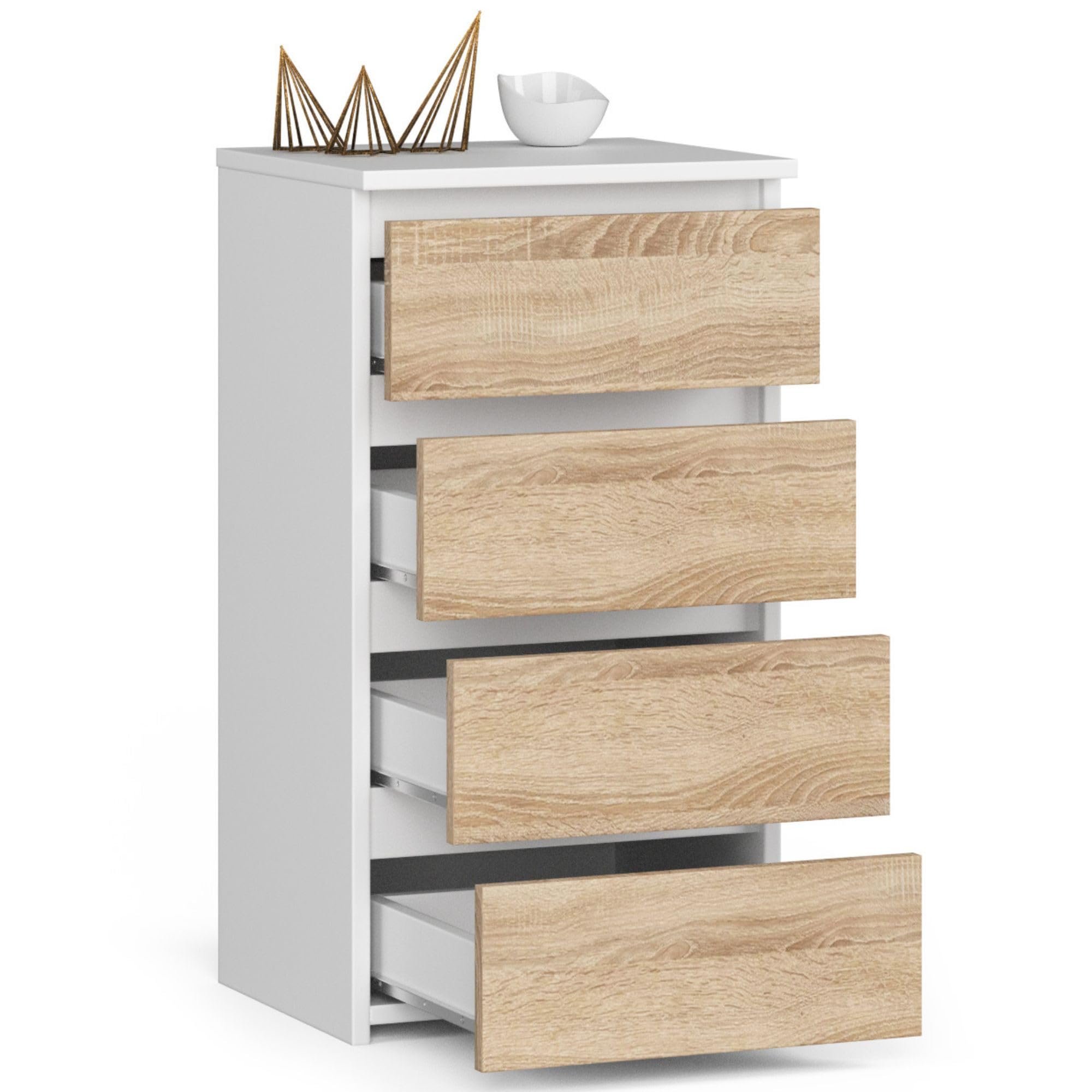 Commode avec 4 tiroirs - Commode à 4 tiroirs - Pour chambre à coucher, couloir, salon - Organiseur avec tiroirs - Largeur : 40 cm - Hauteur : 74 cm - Blanc - Chêne Sonoma - Buffet haut - Armoire