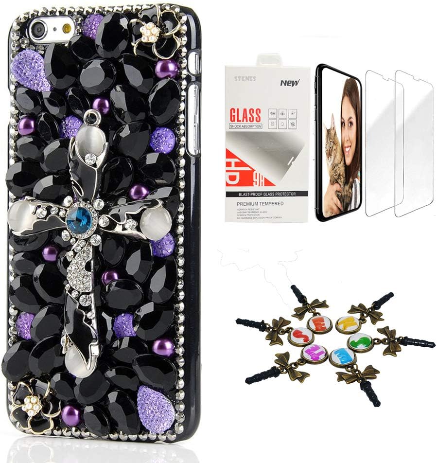 STENES Bling Case Compatible with Google Pixel 3a - Stylish - 3D Handmade [Sparkle Series] Luxurious Cross Flowers Design Cover with Screen Protector [2 Pack] - Black