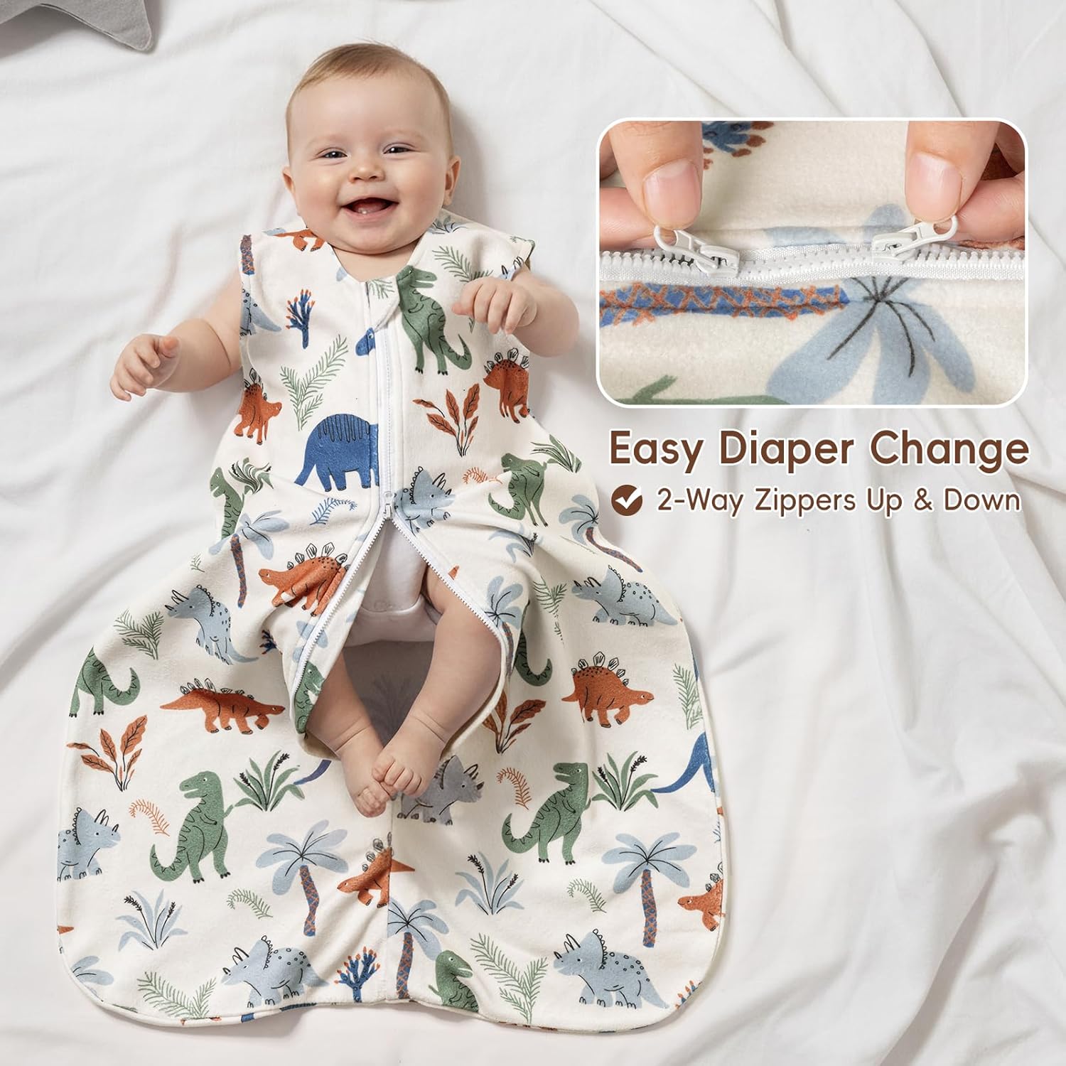 david's kids 3 Pack Warm Micro Fleece Baby Sleep Sack 0-6 Months, Soft Baby Wearable Blankets with 2-Way Zipper, Comfy Winter Sleeping Bags for Infant Newborn Boys Girls Neutral, Small Size, Dinosaur - Image 5