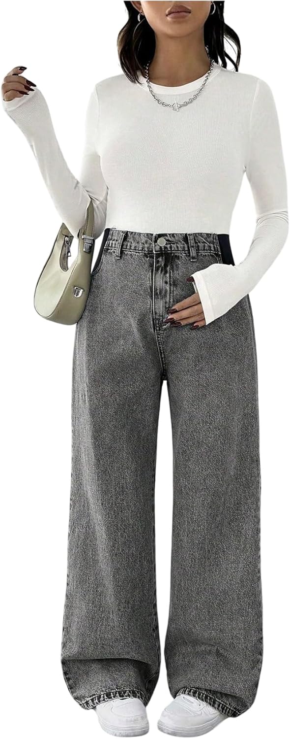 MakeMeChic Women’s Maternity Jeans Loose Wide Leg Over The Belly Straight Pregnancy Jeans Denim Pants