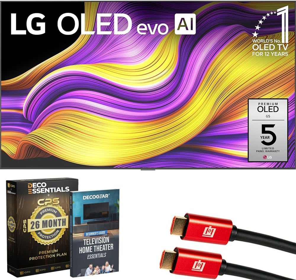 LG 77 Inch G5 Series OLED evo 4K UHD Smart webOS TV with One Wall Design (2025) OLED77G5WUA Bundle with 26 Month CPS Protection Pack, 2X 6FT HDMI Cable and Deco Gear Home Theater Beginner's Guide