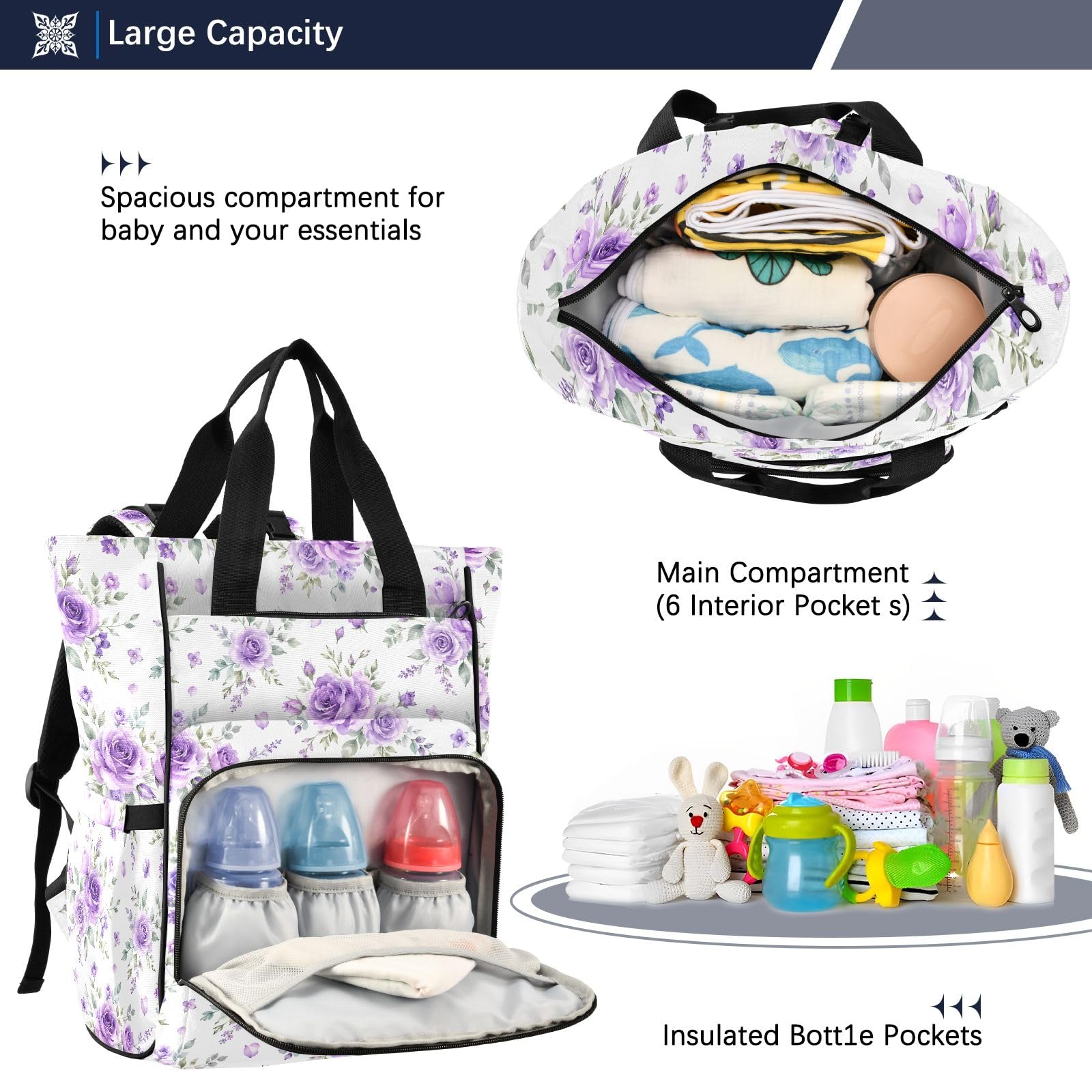 Mnsruu Borsa per pannolini per bambini viola con fiori zaino grande borsa impermeabile da viaggio borse per pannolini per mamme e papà