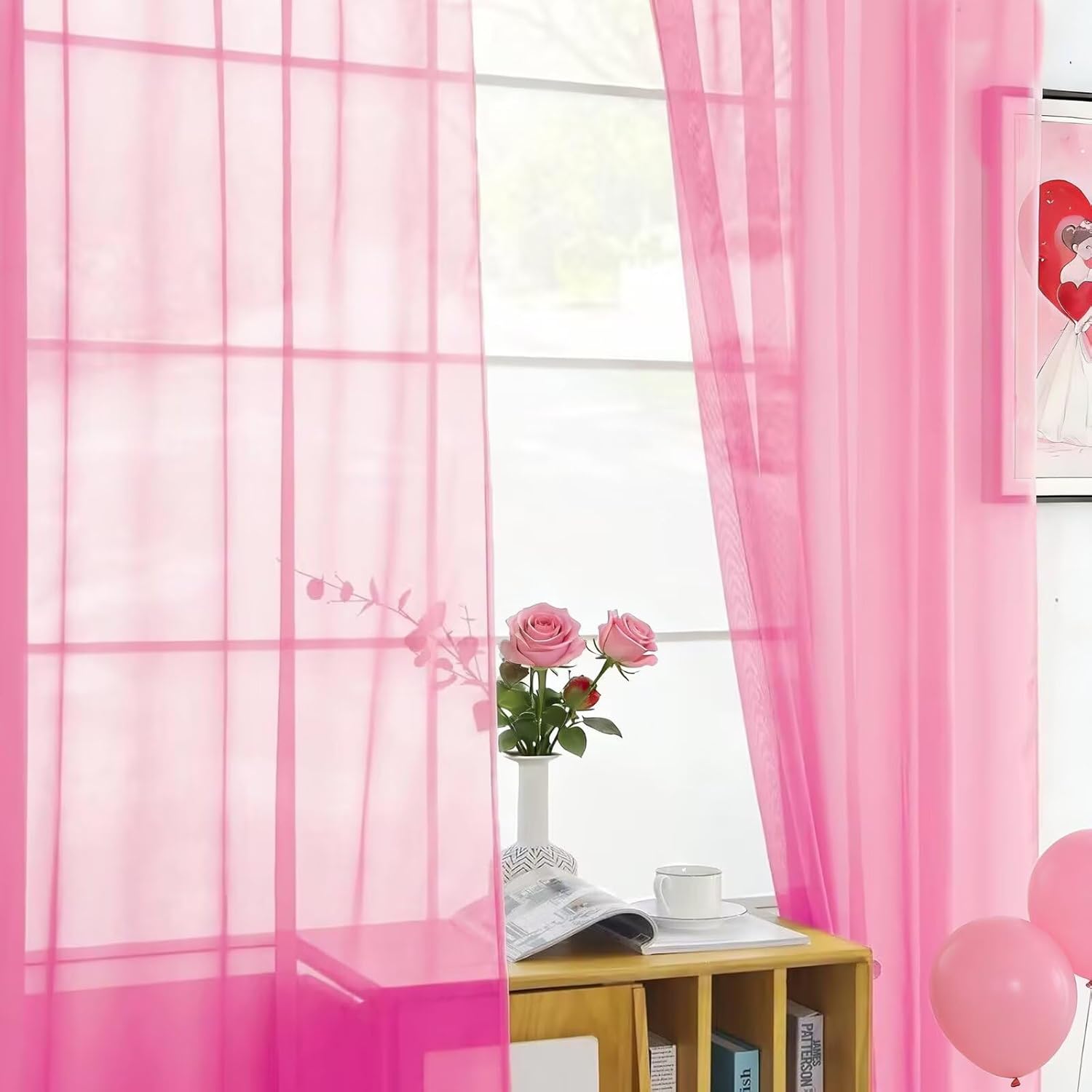 youleyar Solid Sheer Rod Pocket Curtain Voile Draperies 2 Panels White Beige Black Grey Coffee 52 Inch Width 84 Inch Long 1 Pair for Kitchen Bedroom Children Living Room Yard (New Pink,52Wx84L) - Image 8