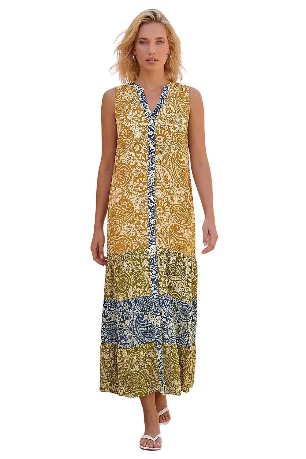 Roman Women's Amber Patchwork Print Tiered Maxi Dress Size 16