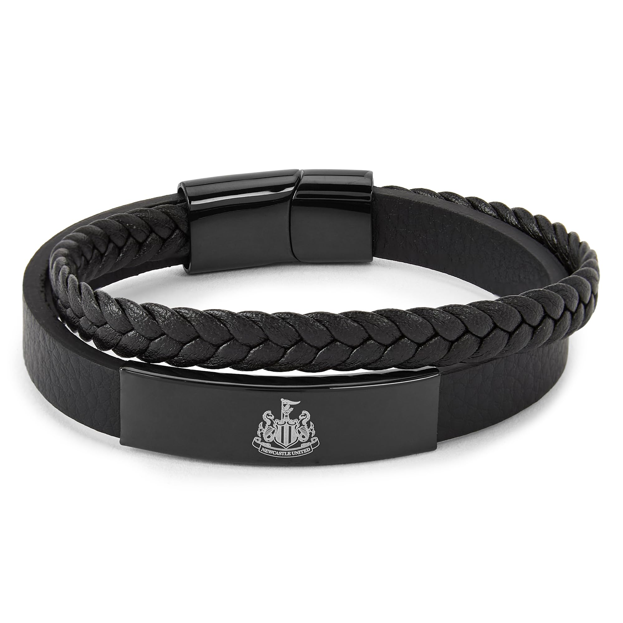 The Gift Scholars Official Club Merchandise Newcastle United FC Bracelet, Stainless Steel and Black IP Plated Leather, Official NUFC Merchandise