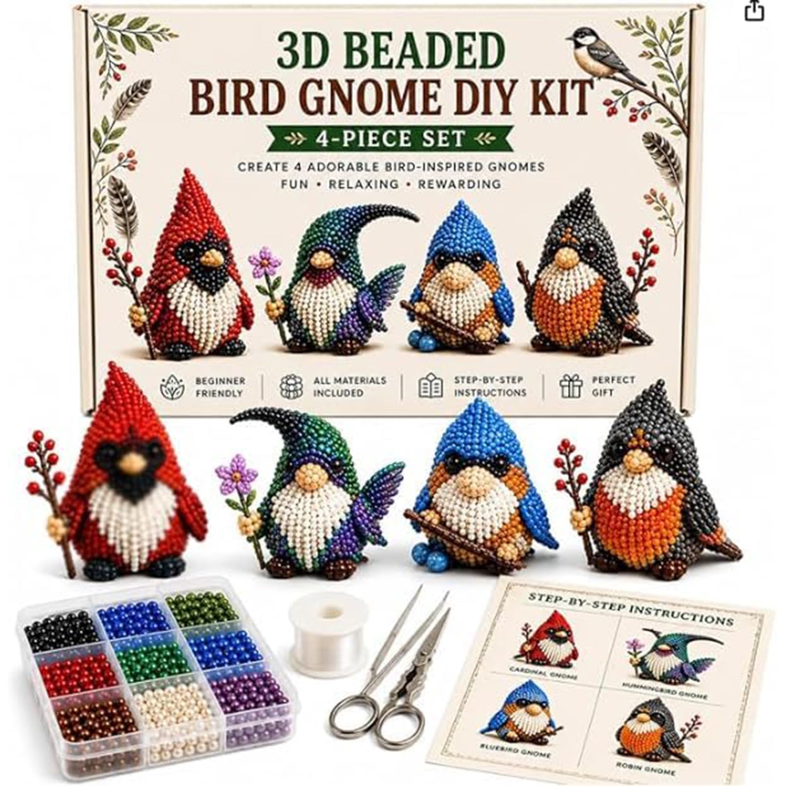 DIY 3D Gnome Bead Embroidery Kits Beading Craft Set Beadwork Crafts Kit Complete Accessories for Crafting Enthusiasts Girls Women Teens Adults (Bird Dwarf)