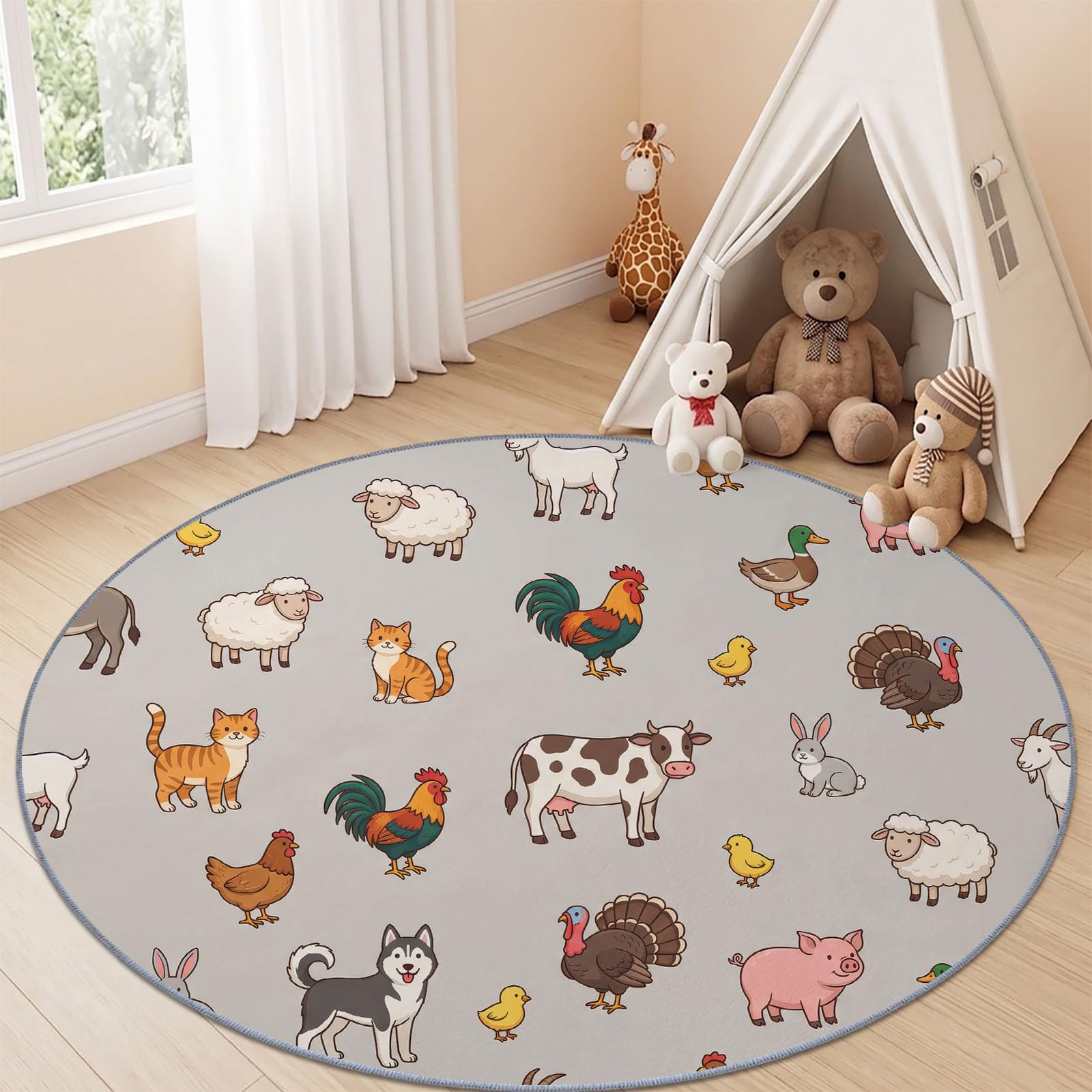 Alfombra redonda de 160 cm, lavable, para habitación de bebé, antideslizante, de pelo bajo, suave, de dibujos animados, animada, para decoración del hogar, color gris