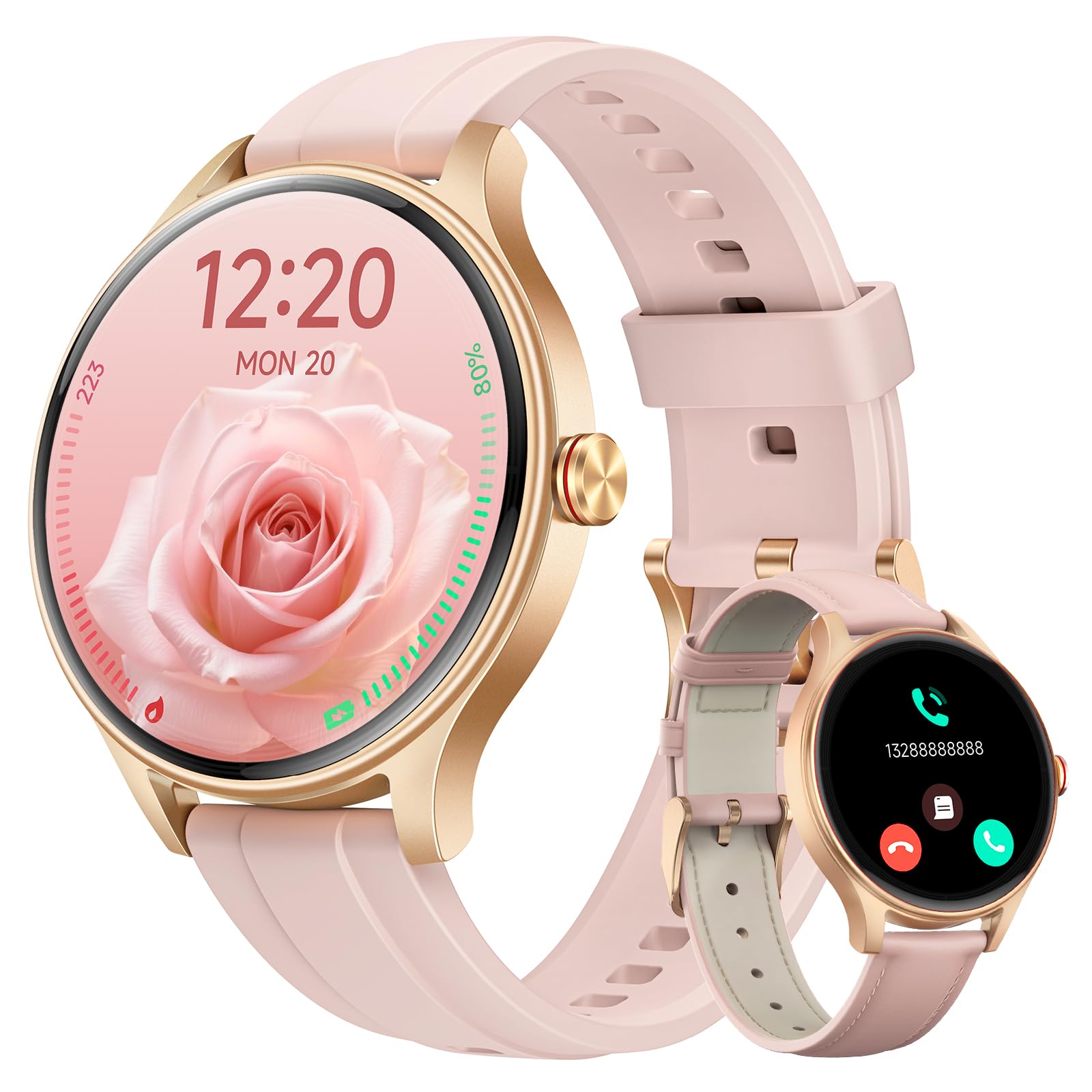 Iaret Smartwatch voor dames, fitnesshorloge 1,32 inch HD, iOS, Android, smartwatch met oproepen, spraakassistent, berichten, 20 sportmodi, stappenteller, hartslagmeter, SpO2 slaap, zilver