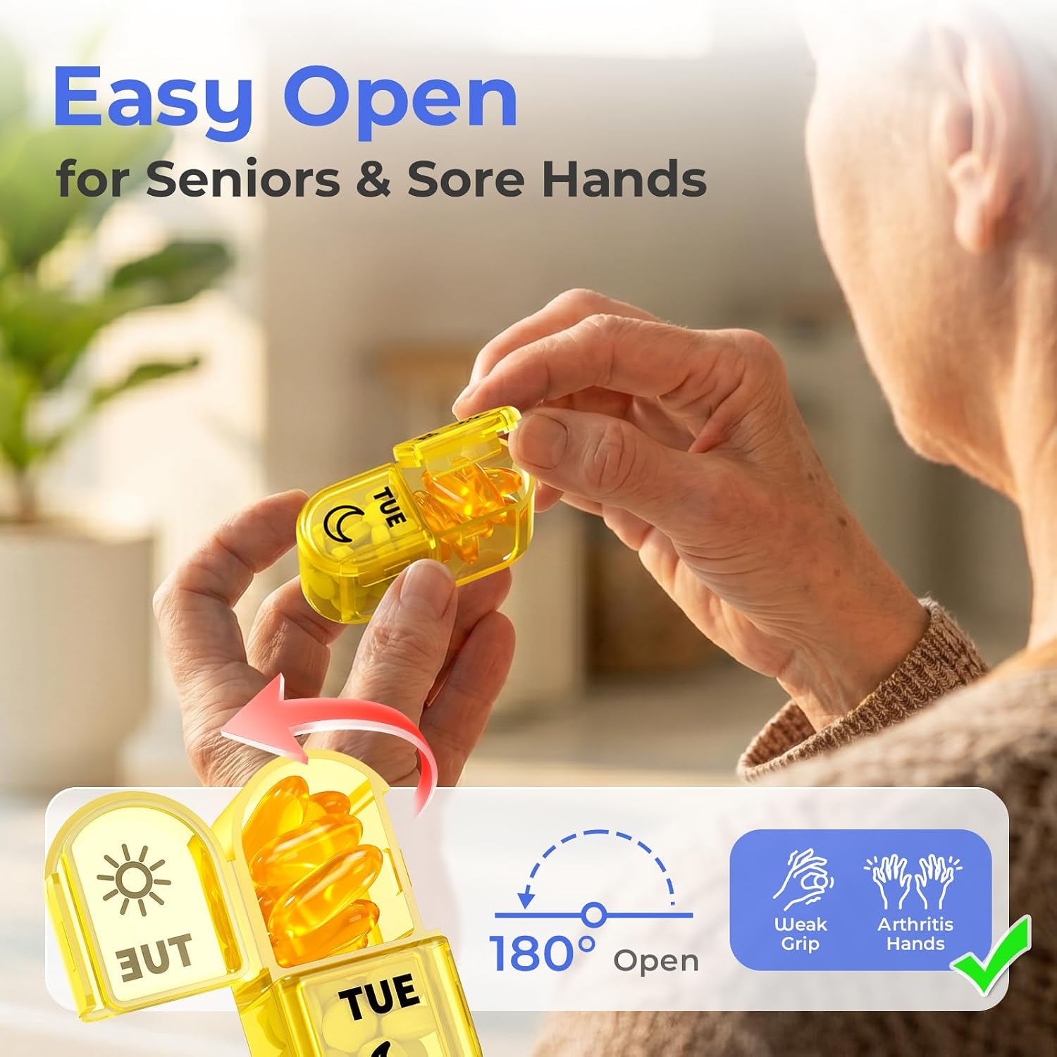 Weekly AM PM Detachable Pill Organizer 2 Times a Day, Wear Resistant Large Print Medicine Pill Organizer for Arthritis, Seniors & Caregiver, Purse Travel Use - Black