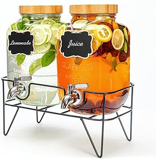 Roemey 1 Gallon Glass Drink Dispenser with Bamboo Lid, 2 Pack Water Dispenser with Stand, Drink Machine for Lemonade, Iced...