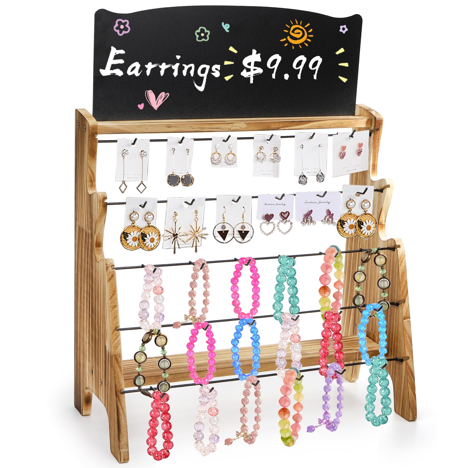 ZEAYEA 5 Tier Wood Earring Display Stand with Signboard and 30 Hooks, Jewelry Organizer for Bracelets, Necklaces, Earring Cards, Rings, Vendor