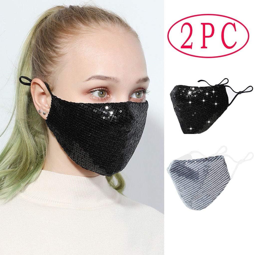 WHMQJQ 2 Pack Sequins Reusable Face Bandanas for Adults Dustproof Cotton Washable Breathable Full Face Protection