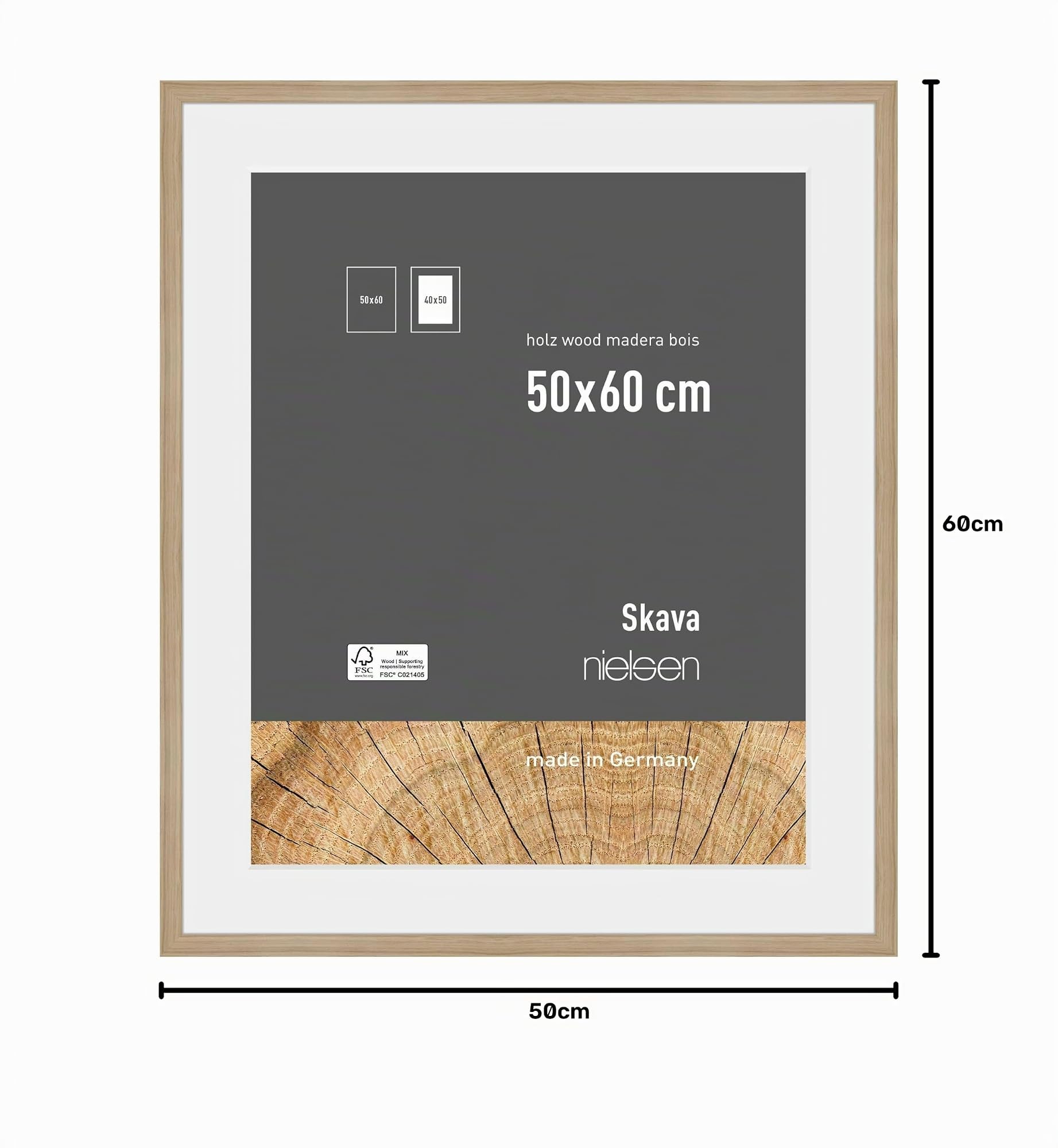 nielsen Bilderrahmen mit Passepartout, 50 x 60 cm, Holz, Eiche, Posterrahmen zum Aufhängen im Hoch- & Querformat, Echtglas, Skava