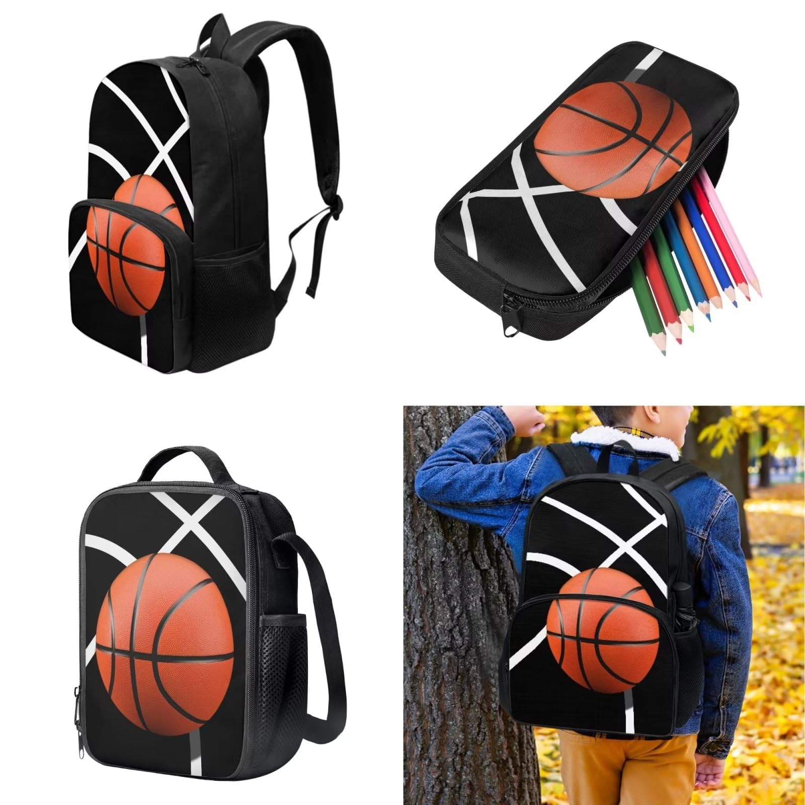 POLERO Juego de 3 bolsas escolares con impresión 3D para el almuerzo, estuche para lápices, Basketball, Talla única, Mochila infantil