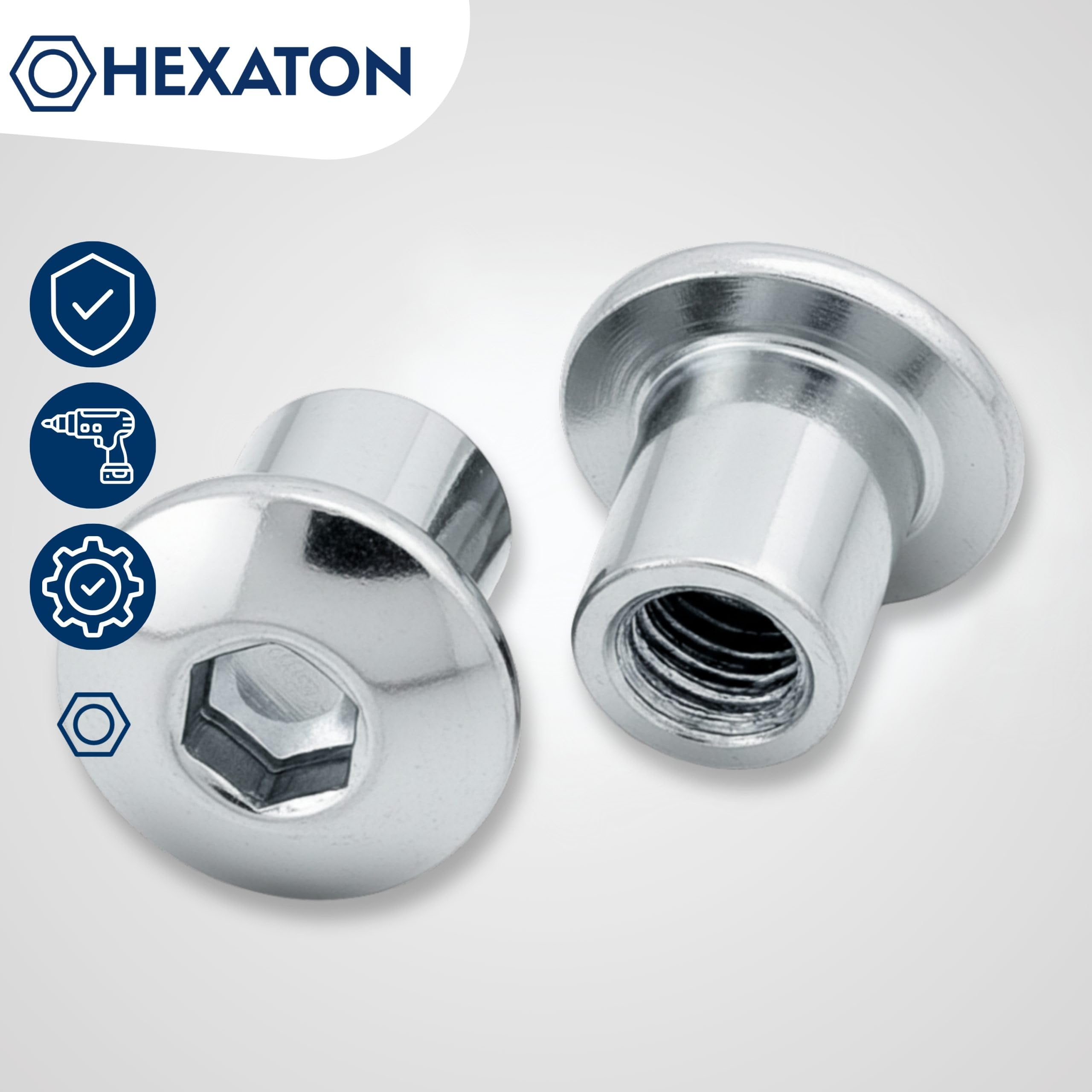 HEXATON Dadi a Manicotto M10 x 20 x 13 mm - 100 Pezzi - Dadi Esagonali per Mobili a Testa Tonda con Flangia e Cava Esagonale - Acciaio Zincato