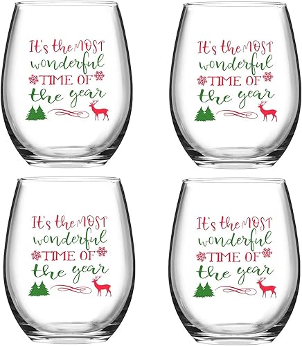 Futtumy Copa de vino sin tallo, con texto en inglés "It's the Most Wonderful Time of the Year", copa de vino única de Navidad para hombres, mujeres,