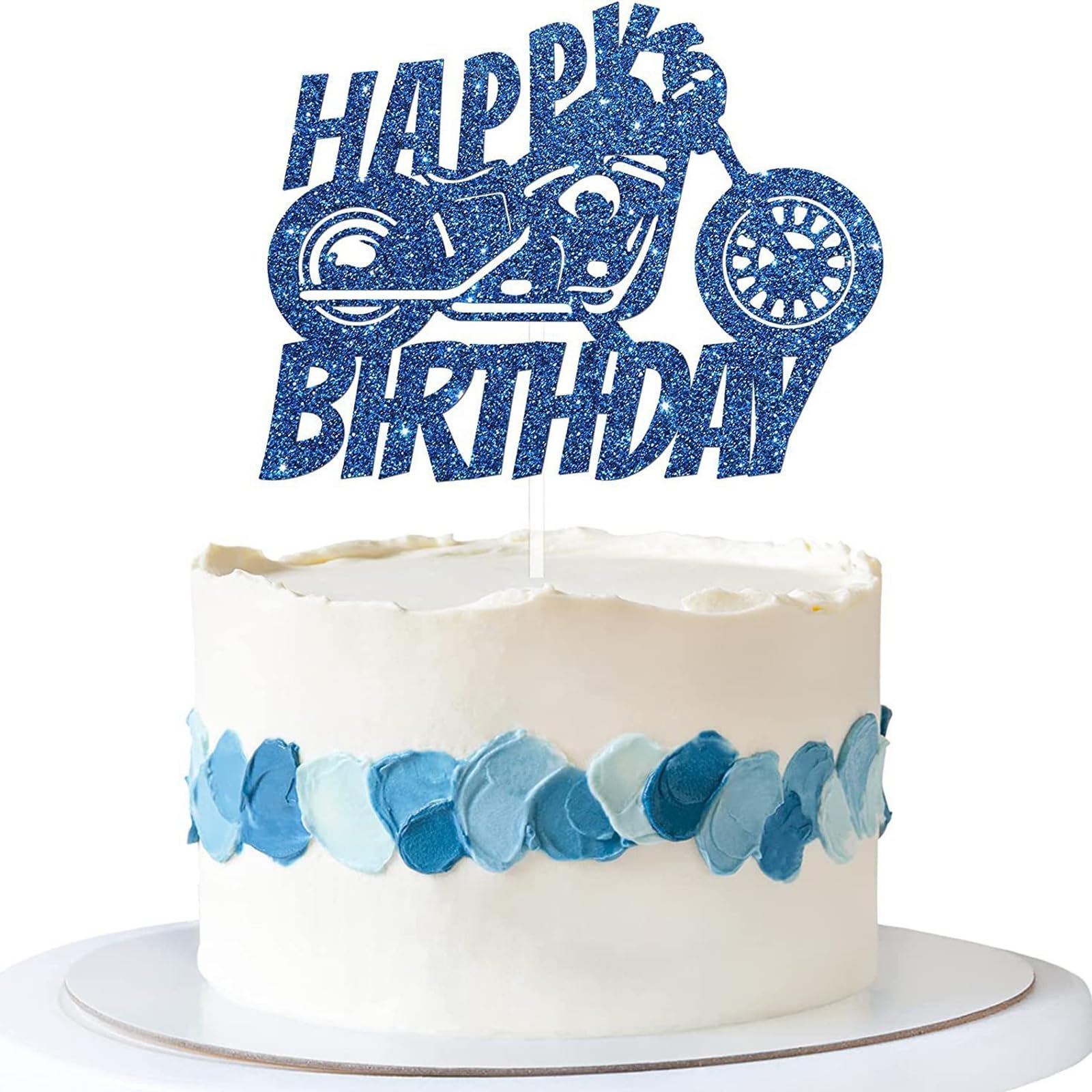 Motorcycle Cake Topper for Men - Blue Glitter Birthday Cake Decoration - Motorbike Theme Party Supplies for Adult Celebrations