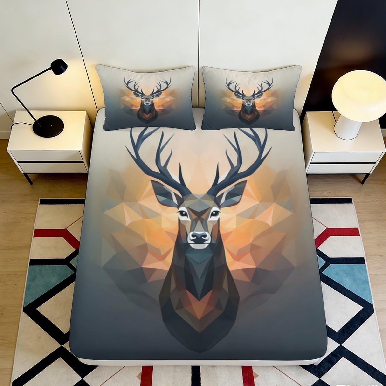 3D Printed Geometric Deer Fitted Sheet Microfiber Soft Breathable Abstract Stag Bed Cover for Bedroom Dormitory Guest Room Mattress Protection 140x200x25cm