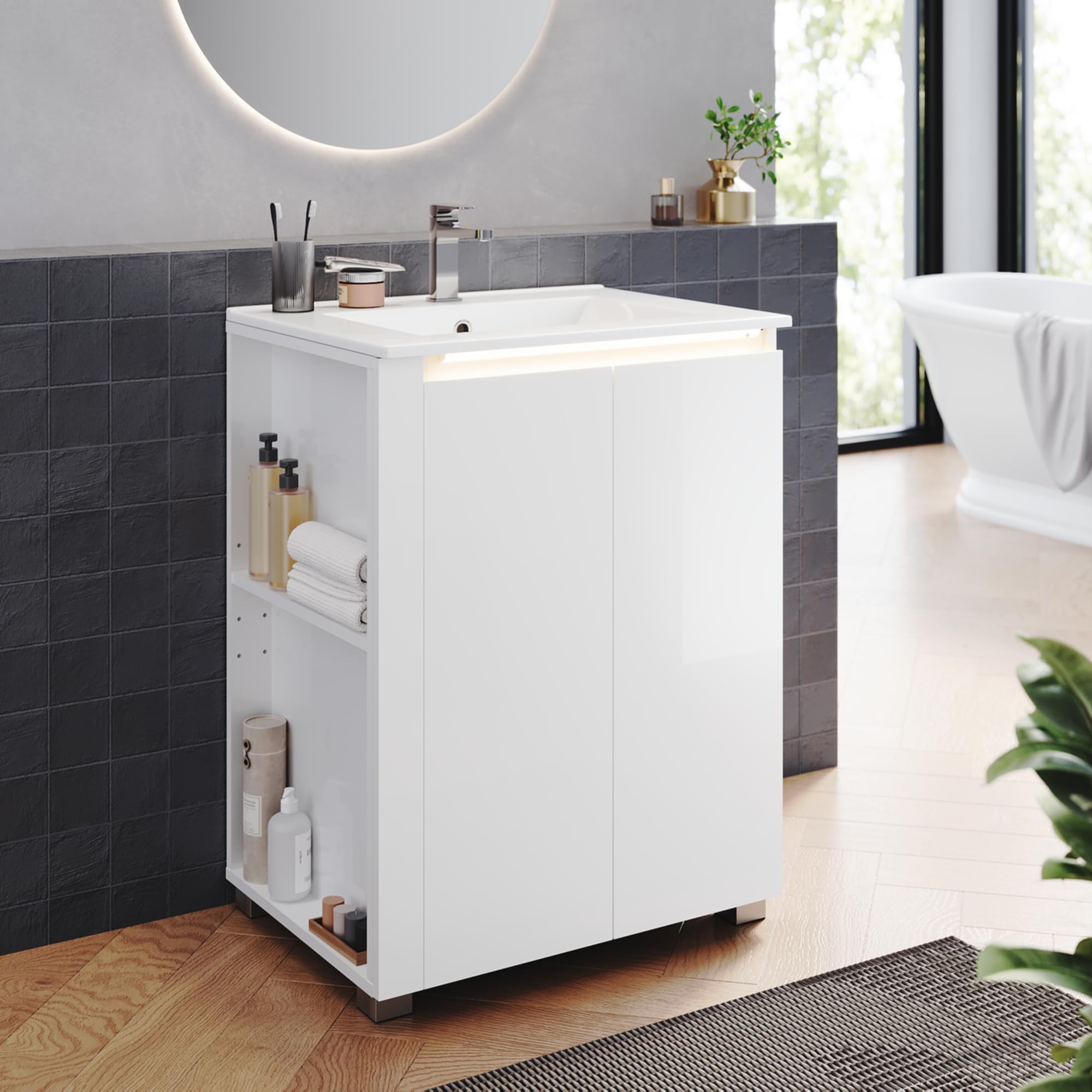 ELEGANT 600mm Floor Standing Bathroom Vanity Unit with Motion Sensor Light