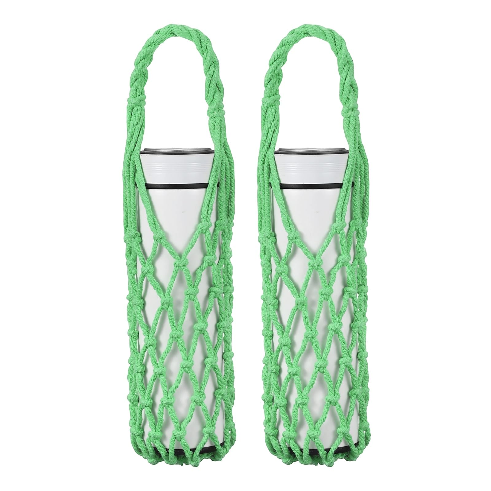 YELARXI 2Pcs Crochet Water Bottle Carrier Bag, Handwoven Cotton Rope Cup Holder with Braided Handle, Reusable Handheld Water Bottle Bag for Hiking Travel Shopping Accessory (Light Green)