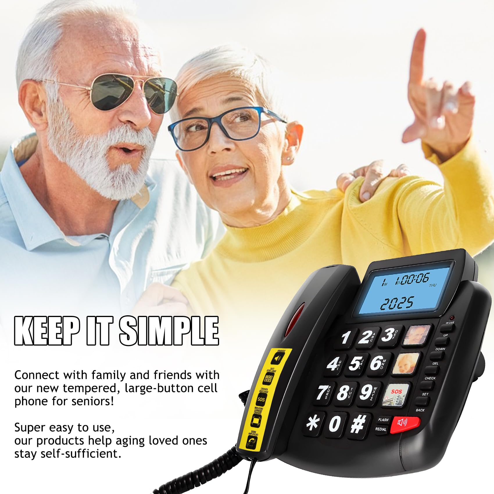 Telefono con pulsante grande per anziani, telefono fisso con cavo con altoparlante e display LCD, composizione rapida One Touch, volume regolabile, luce ID chiamante, funzione vivavoce