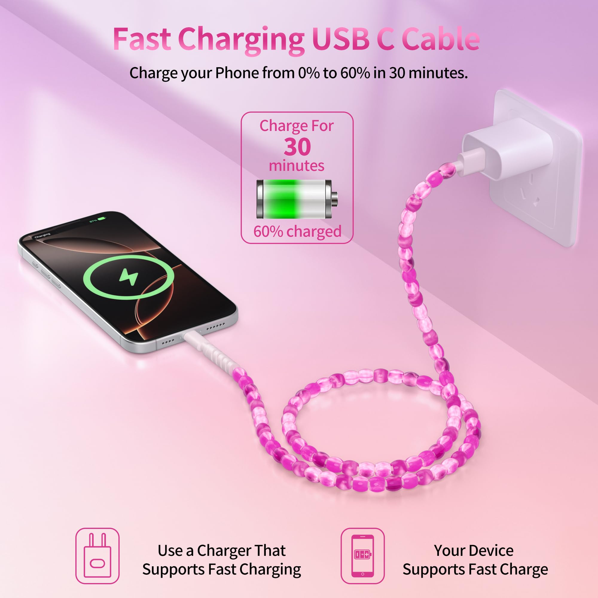 SAMONPOW Cavo USB C da 66 W USB a USB C Cavo di ricarica rapida 1,9 m carino giada perline di tipo C cavo di ricarica per donne ragazze cavo di ricarica per telefono per iPhone 16 15 Pro Galaxy S25