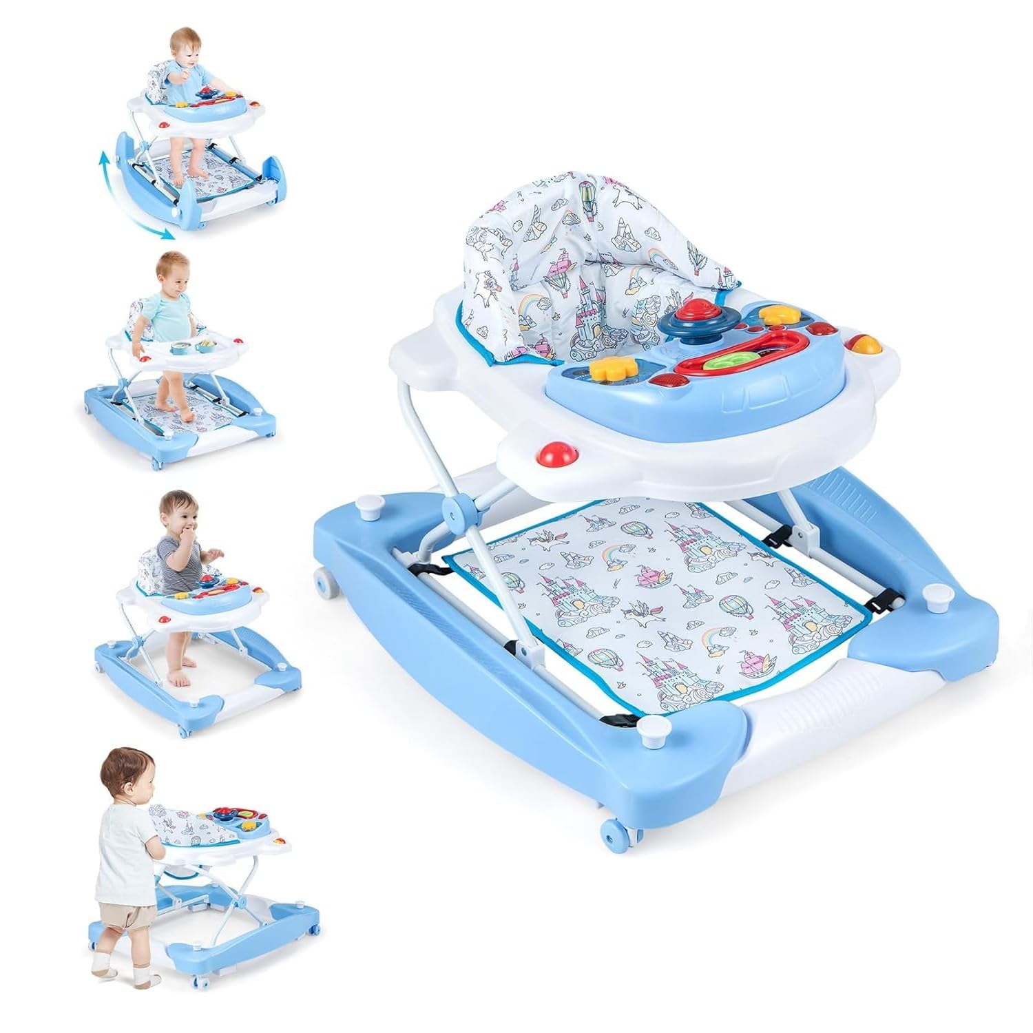 Baby Walker, 6 in 1 Behind Walker Learning Seated Rocker Bouncer with Removable Music Tray, Adjustable Height, Washable Seat Cushion, Foldable Activity Center for Toddlers (Blue)