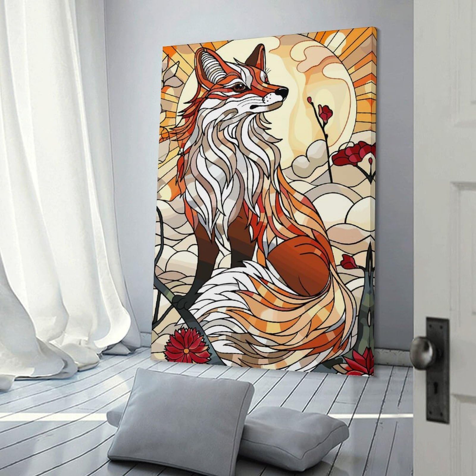 Junmoney Stained Glass Fox with Moon And Flowers Decorative Canvas Print, 16x24inch(40x60cm), for Gallery Wall Decor And Room Displays, Wall Decor Suited to Curated Displays