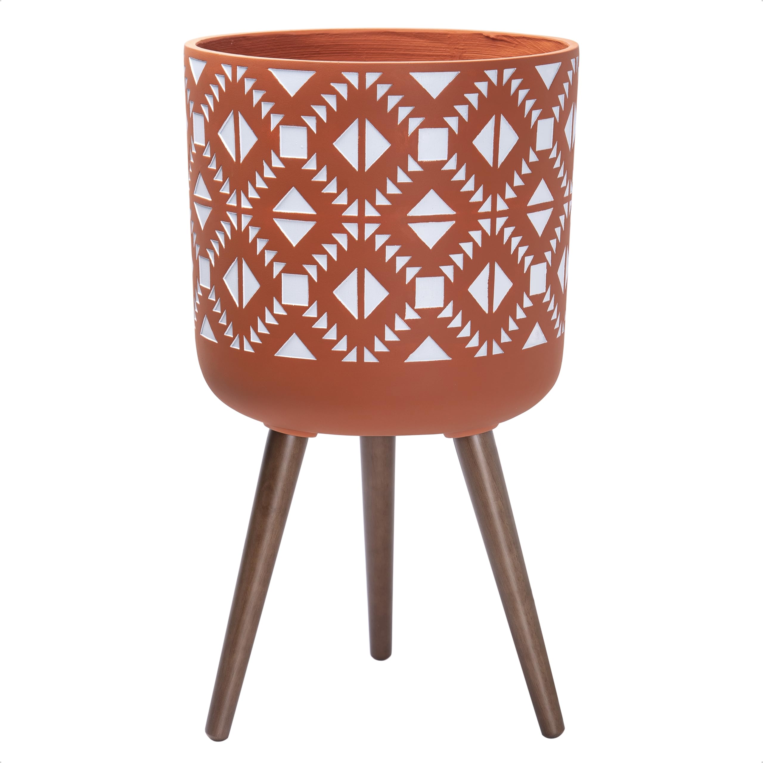 D'vine Dev Planter Pot with Wood Stand, 14 in, Terracotta/White