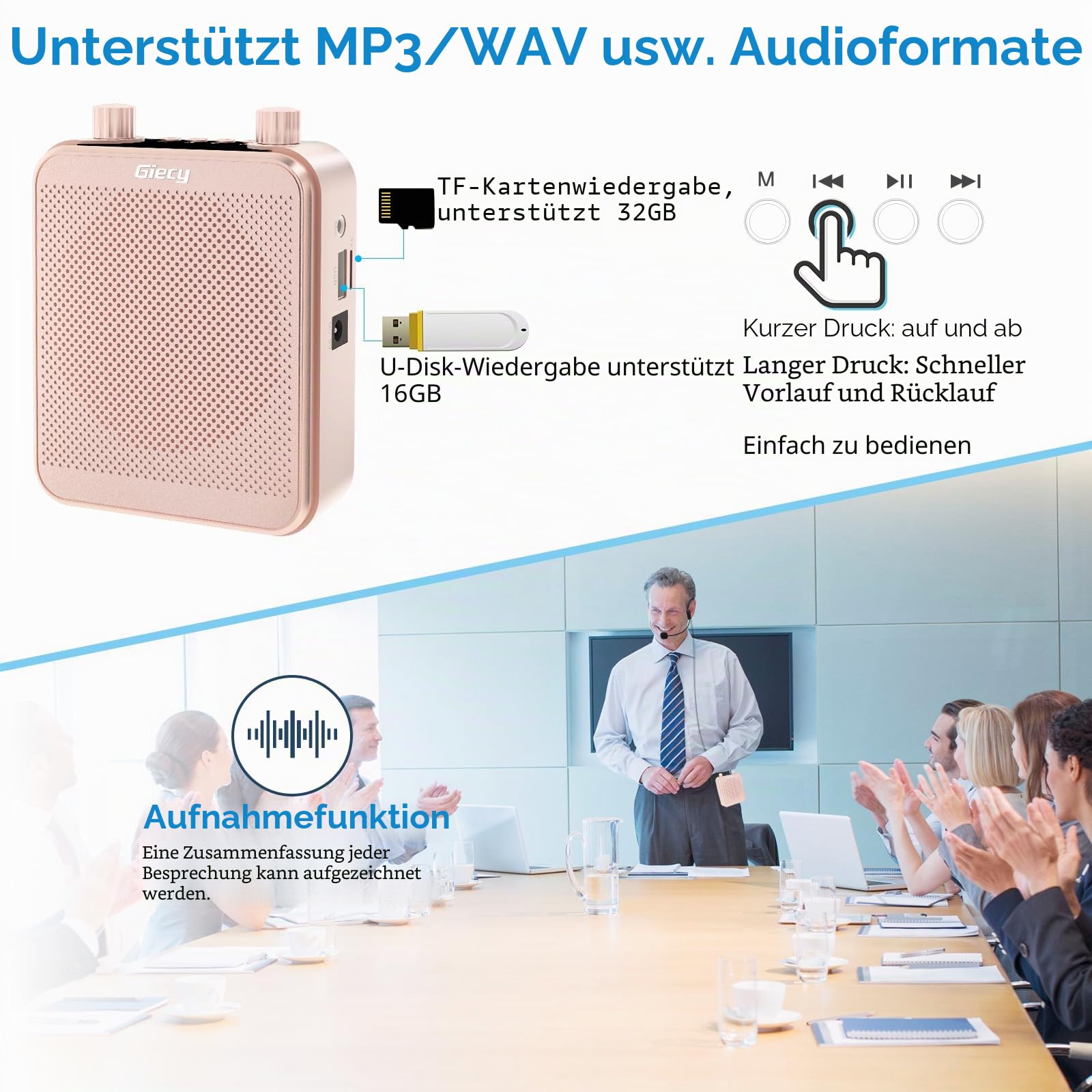 Sprachverstärker tragbar mit 7.4V/2800mAh Lithium Batterie und mikrofon Headset,Wiederaufladbares Mini Stimmverstärker für Trainer Lehrer Reiseführer Tagungen (Roségold)