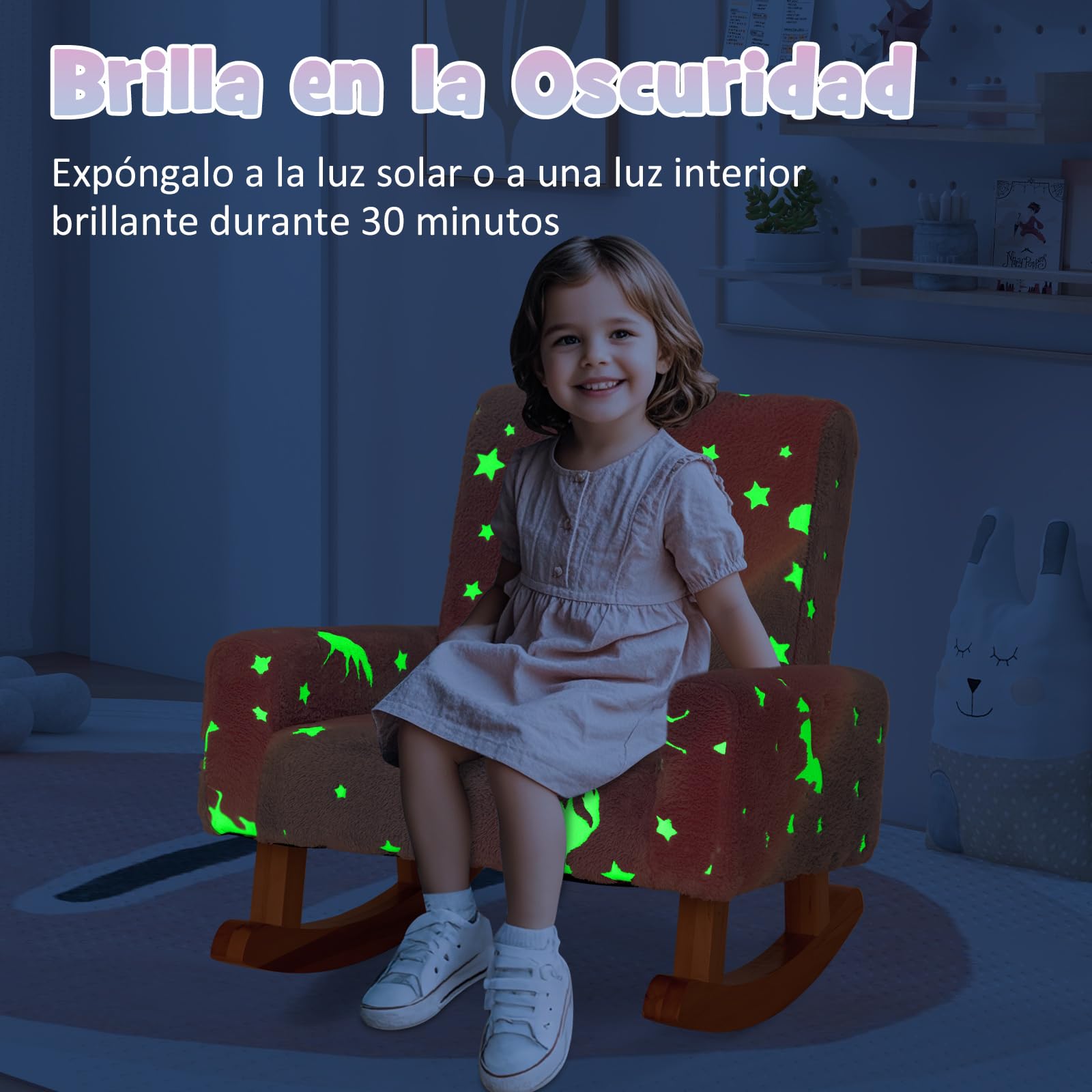 COSTWAY Silla Mecedora para Niños, Sillón Infantil Tapizado en Franela con Patas de Madera de Álamo,Brilla en la Oscuridad, Respaldo y Reposabrazos Cómodos, Sillón Balancín para Niños para Dormitorio