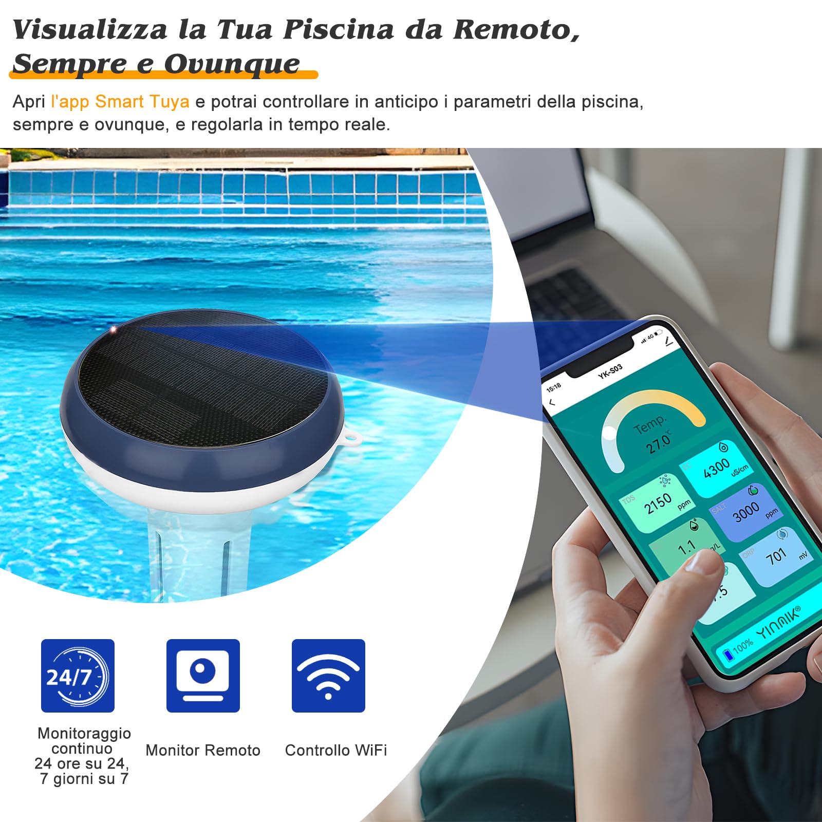 UIUZMAR Misuratore di Cloro e pH Piscina WiFi, Analizzatore Intelligente 7 in 1 per Acqua Salata e Piscina, Misura pH, Cloro Residuo, Sale, ORP, EC, TDS, Temperatura, con Ricarica Solare